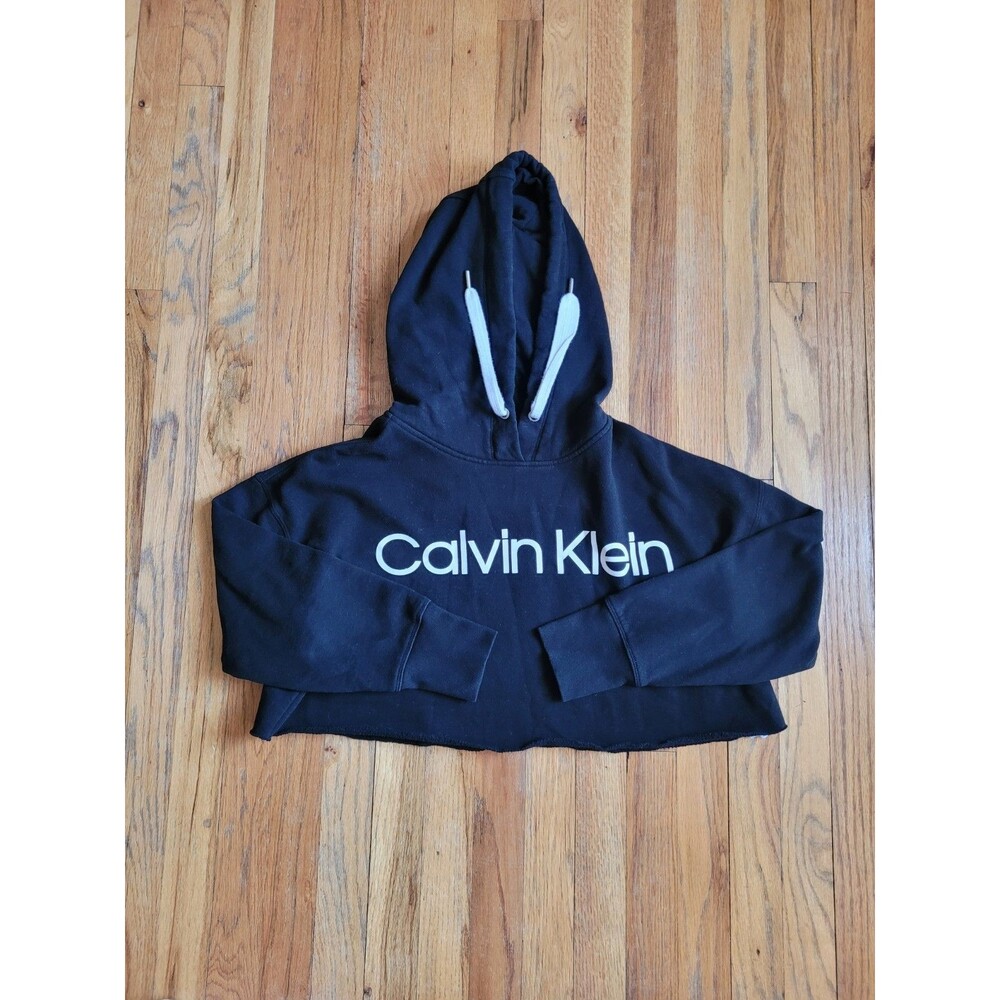 Calvin Klein Women's Cropped Sweater Raw Hem Sweatshirt Black Size Large